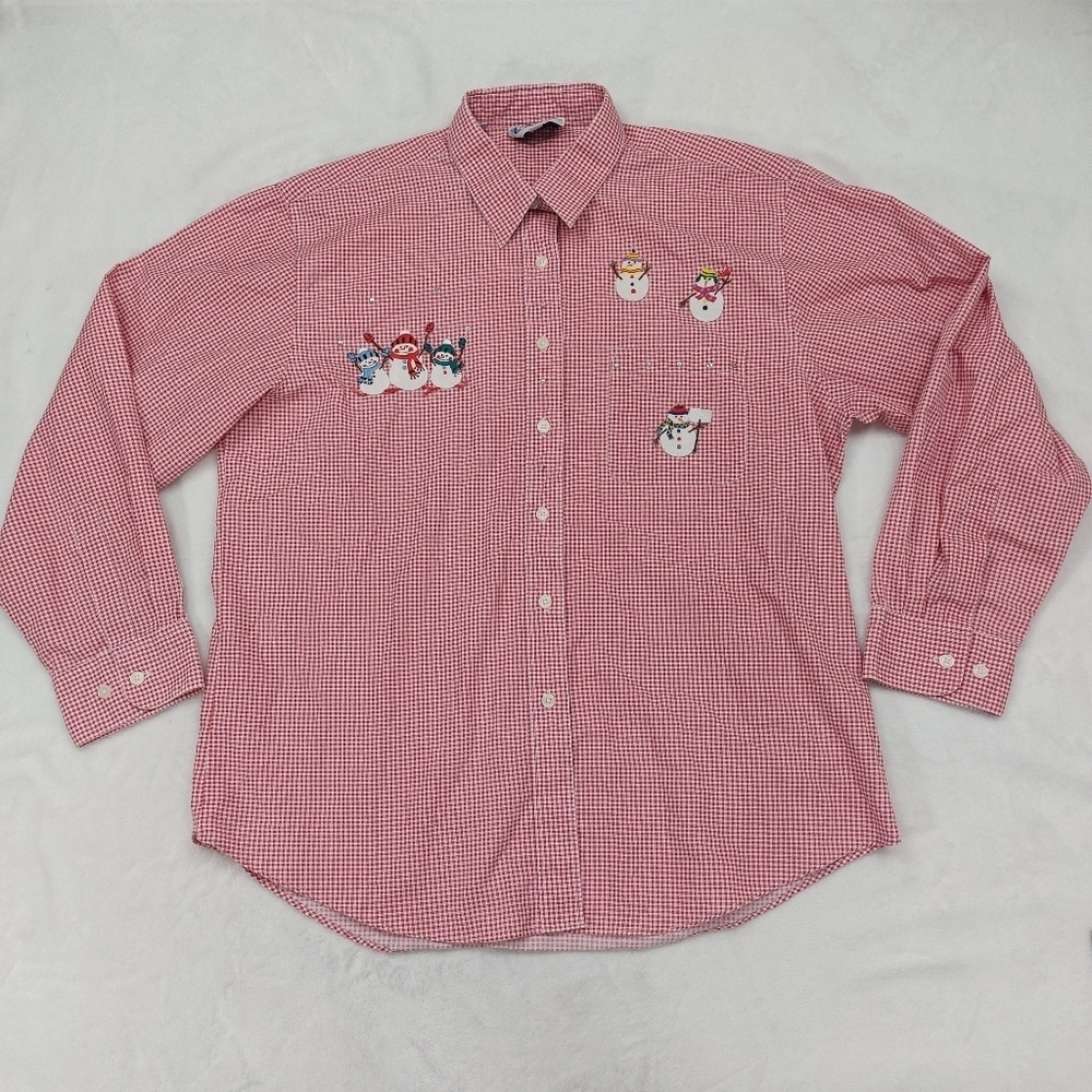 LAS OLAS WOMENS VINTAGE RED WHITE GINGHAM SNOWMAN HOLIDAY CHRISTMAS BUTTON UP L